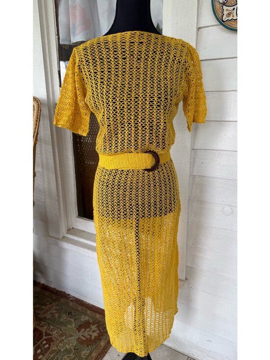 Handmade Dresses & Skirts - Vintage 1930s Mustard Yellow Cotton Crochet Tea Dress With Belt Size S
